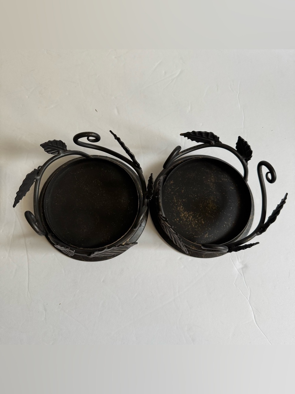 Longaberger Wrought Iron Bronze Leaf Pillar Candle Holders Pair Rustic Scroll - Picture 3 of 10